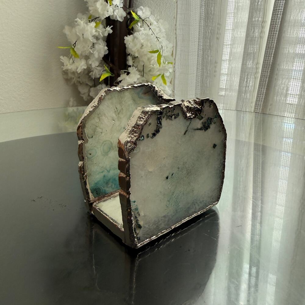 Natural Aqua Agate Slice Napkin Holder Silver Edge Geode Stone Decor Coastal